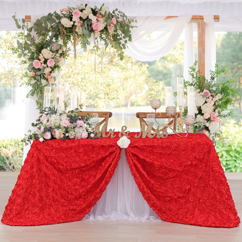 FanQiSi Red Flower Tablecloth 50x80 Inches Rosette Tablecloth Elegant Floral Satin Table Cover for Wedding Birthday Party Decorations - Image 1